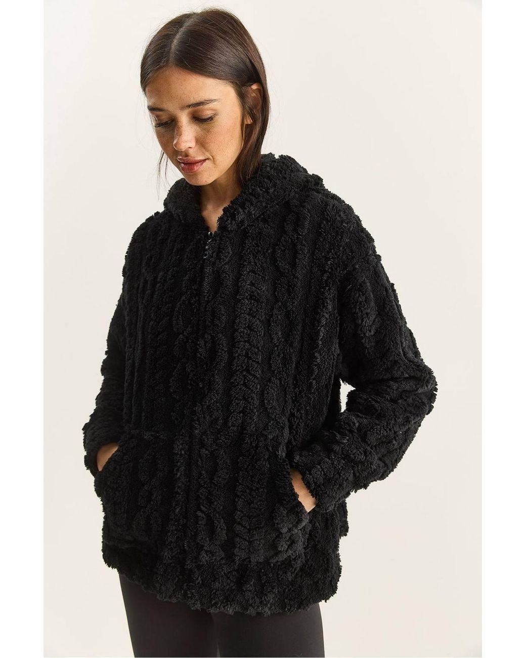 Bianco Lucci Black Hooded Textured Knitted Cardigan With Zipper