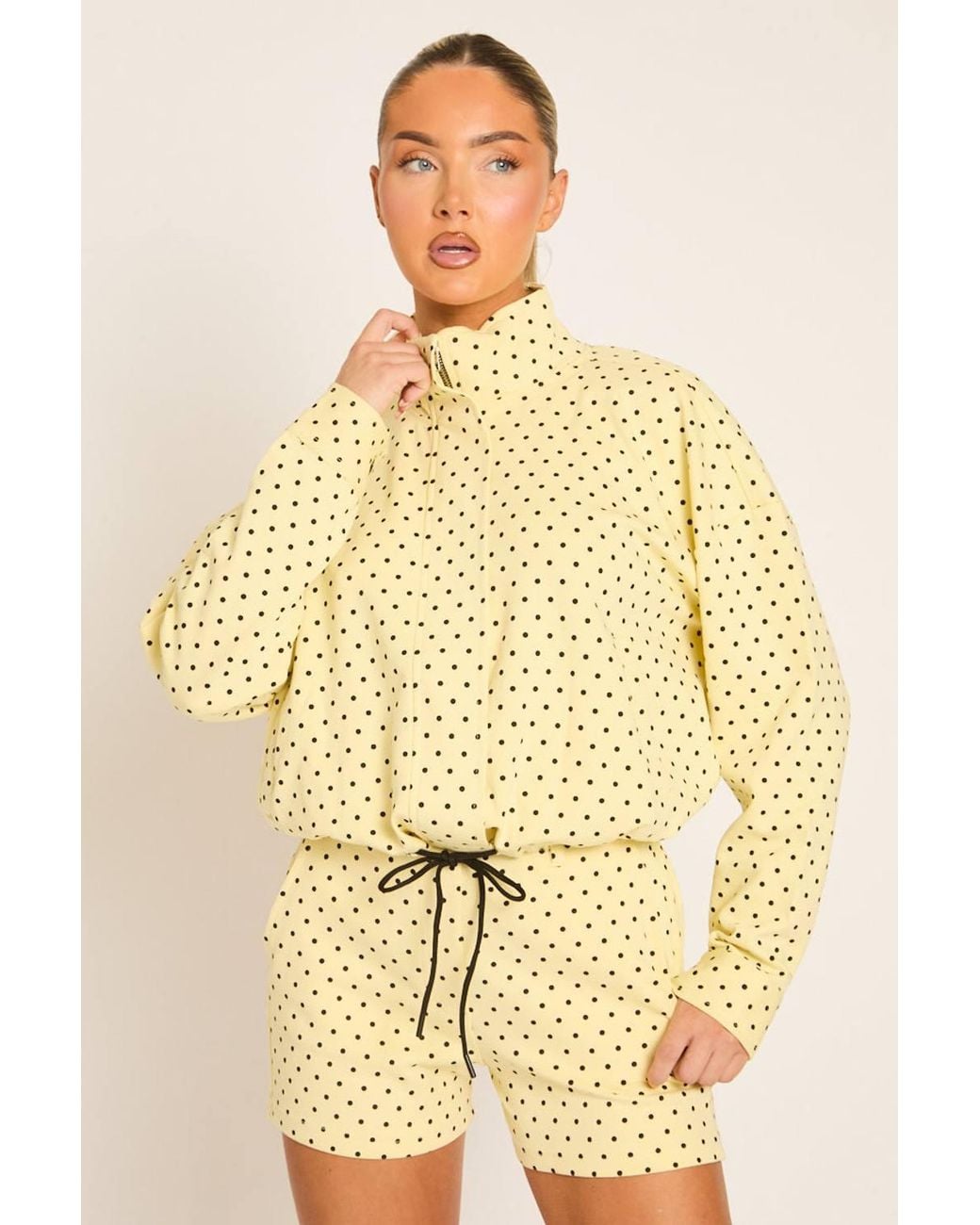 Rebellious Fashion Yellow High Neck Zip Up Jacket & Shorts Co-Ord Set