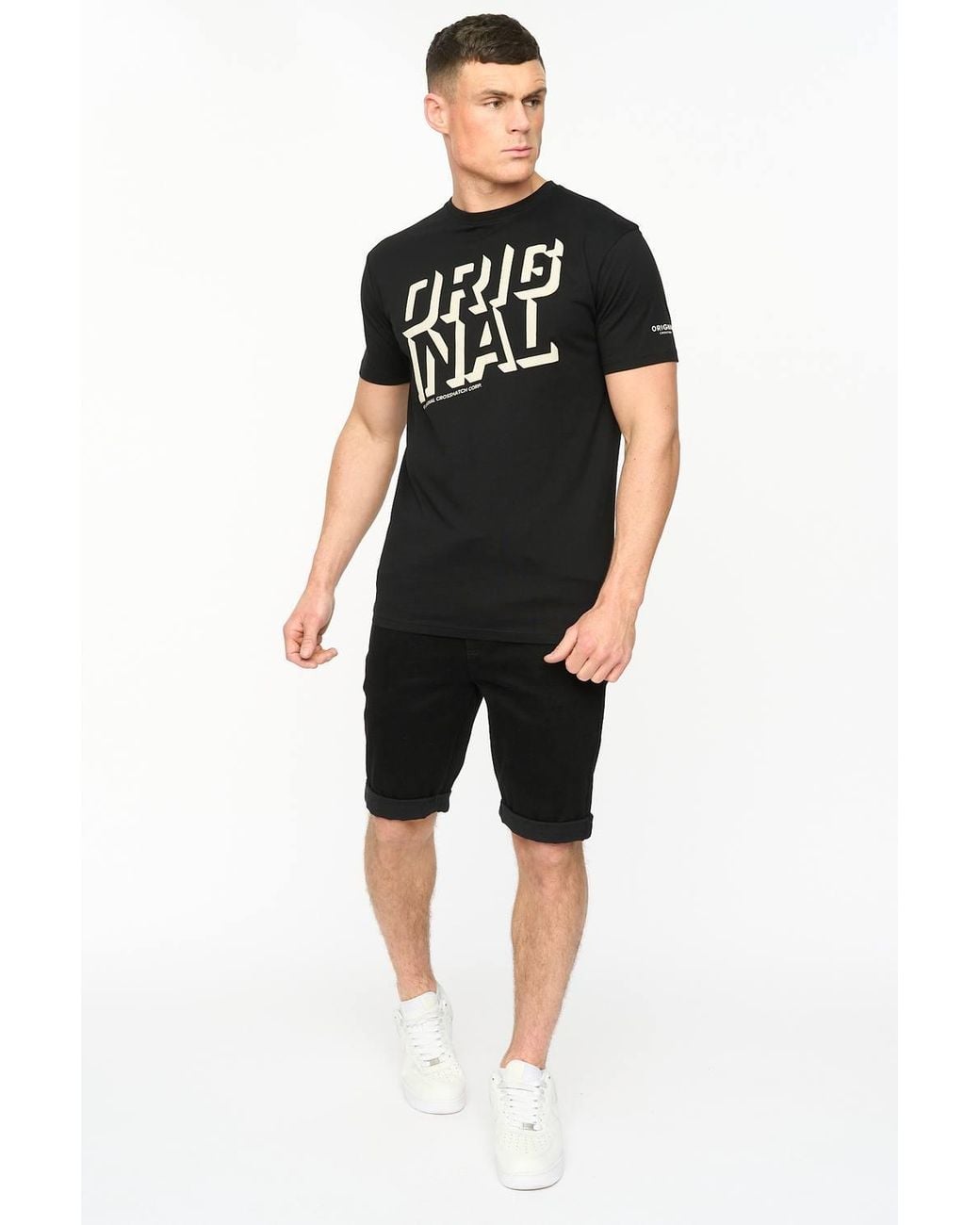 Crosshatch Black Protrax Crew Neck Cotton T-Shirt With Mixed Texture Print for men