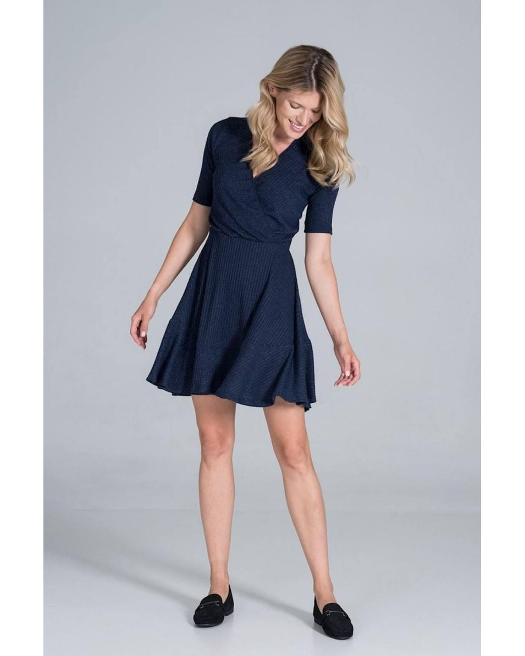 Love Lace Blue Ribbed Knit Envelope Mini Dress Flounce