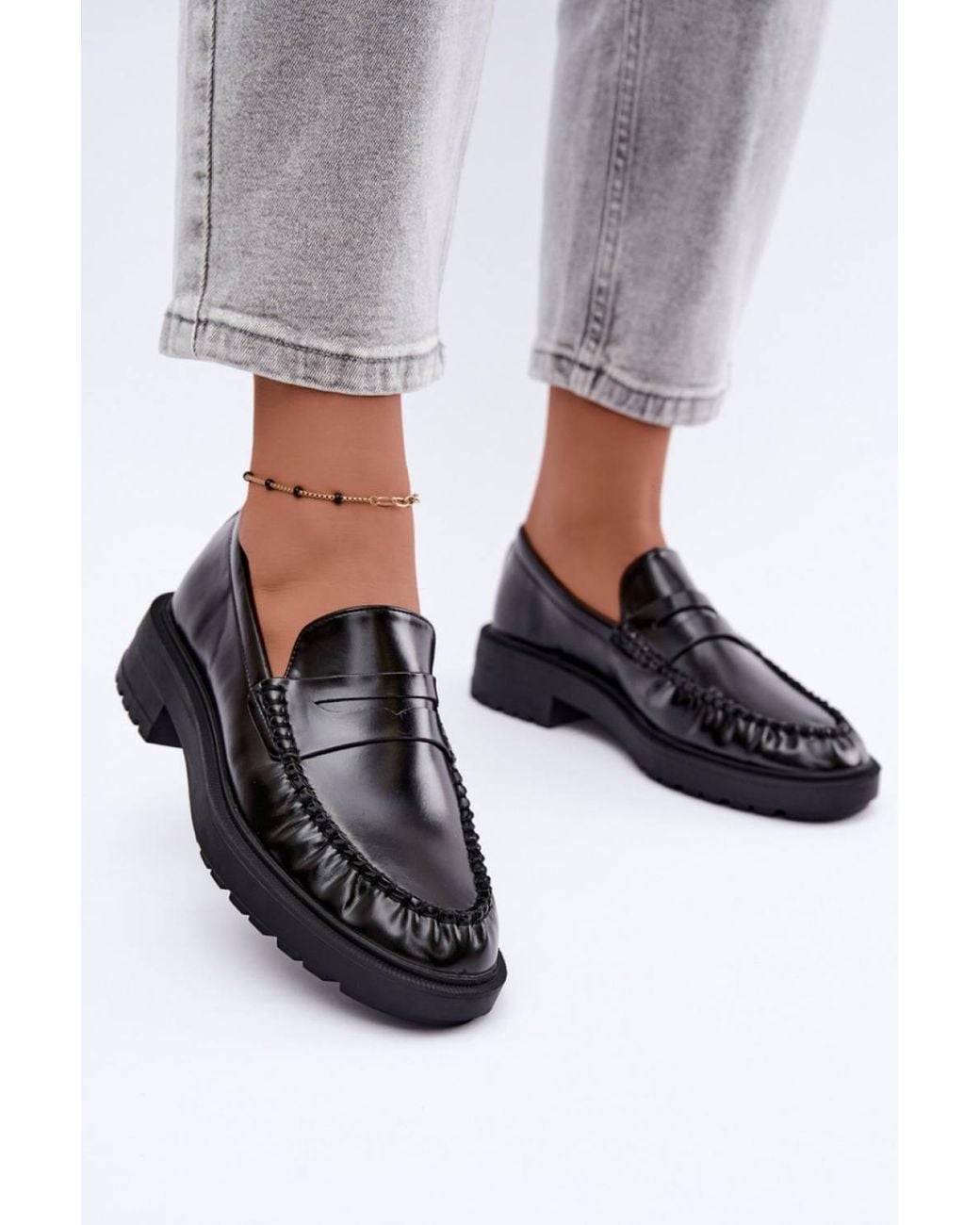 Love Lace Black Office Faux Leather Loafers With Pleats