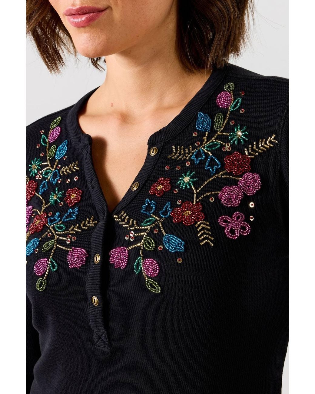 Joe Browns Black Henley Jersey Top With Floral Beading
