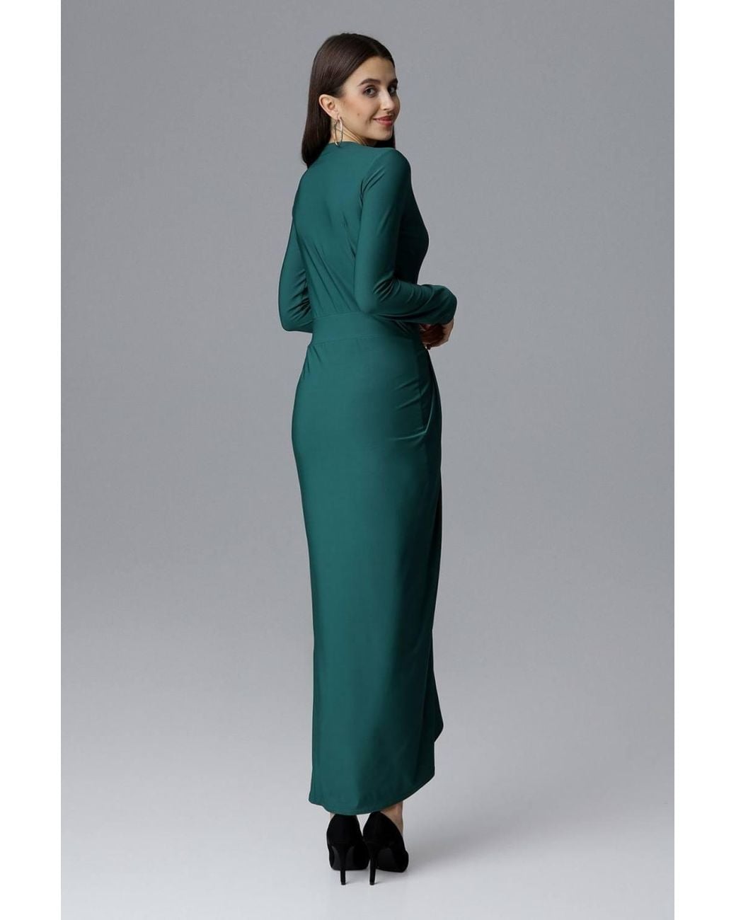 KDMD Blue Heart Neck Asymmetrical Long Sleeve Slit Dress