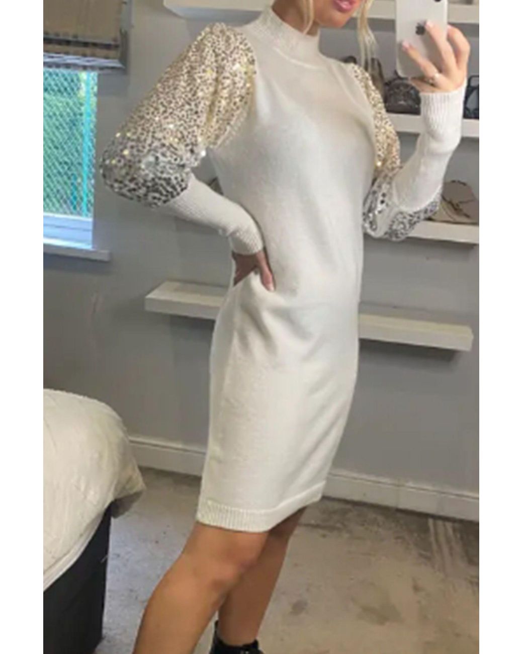 CY Gray Sliver Sequin Embellished Sleeves Design Jumper Dress