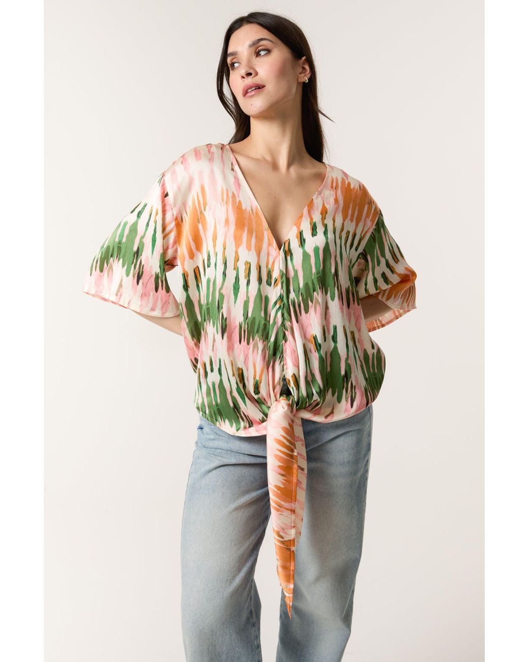 Blue Vanilla Multicolor Multi Short Sleeve Slip On V-Neck Top