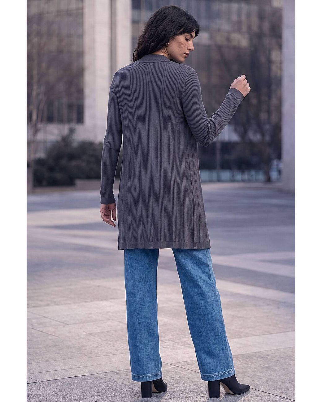 Roman Blue Rib Knit Scallop Trim Cardigan