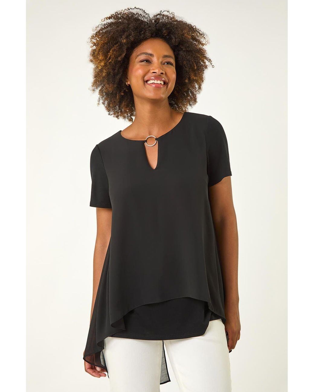 Roman Black Ring Front Chiffon Overlay Top