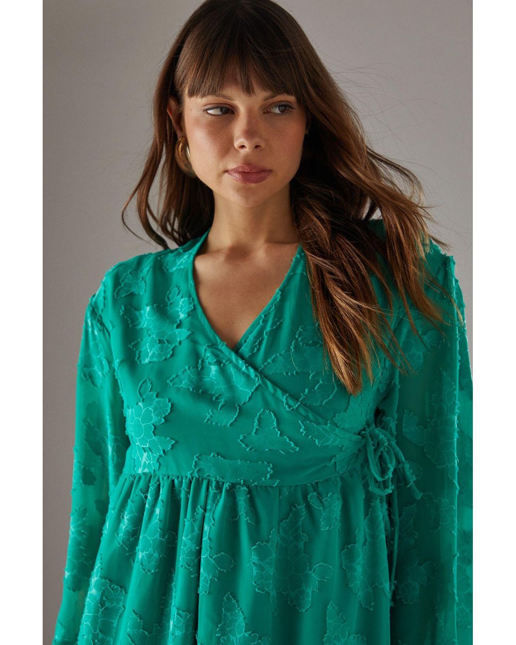 Warehouse Green Burnout Chiffon Wrap Smock Midi Dress