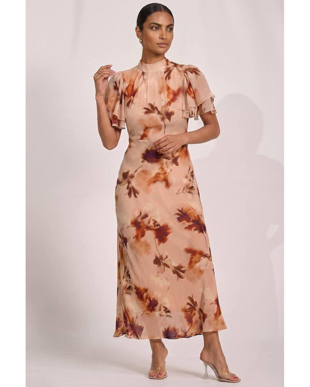 Jolie Moi Natural High Neck Angel Sleeve Chiffon Maxi Dress