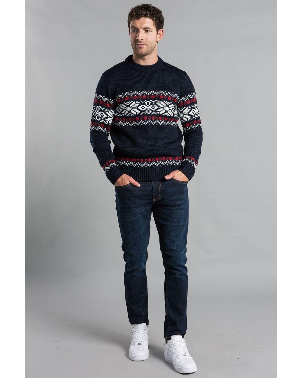 Tokyo Laundry Blue Crew Neck Jumper With Jacquard Print for men