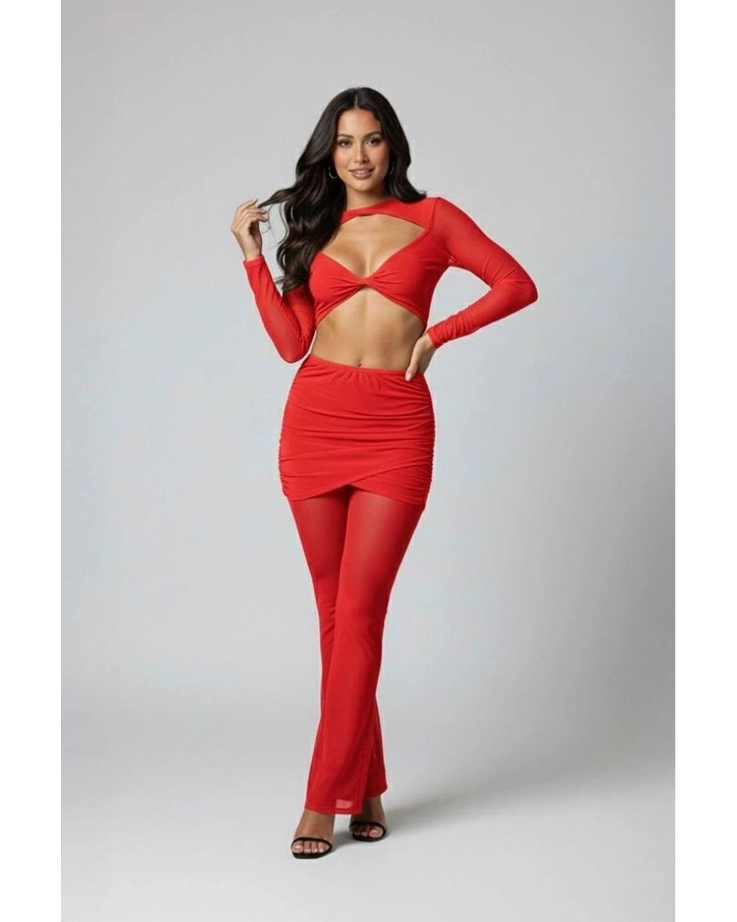 Stylewise Cut Out Knot Front Mesh & Flared Trouser Co-Ord Set