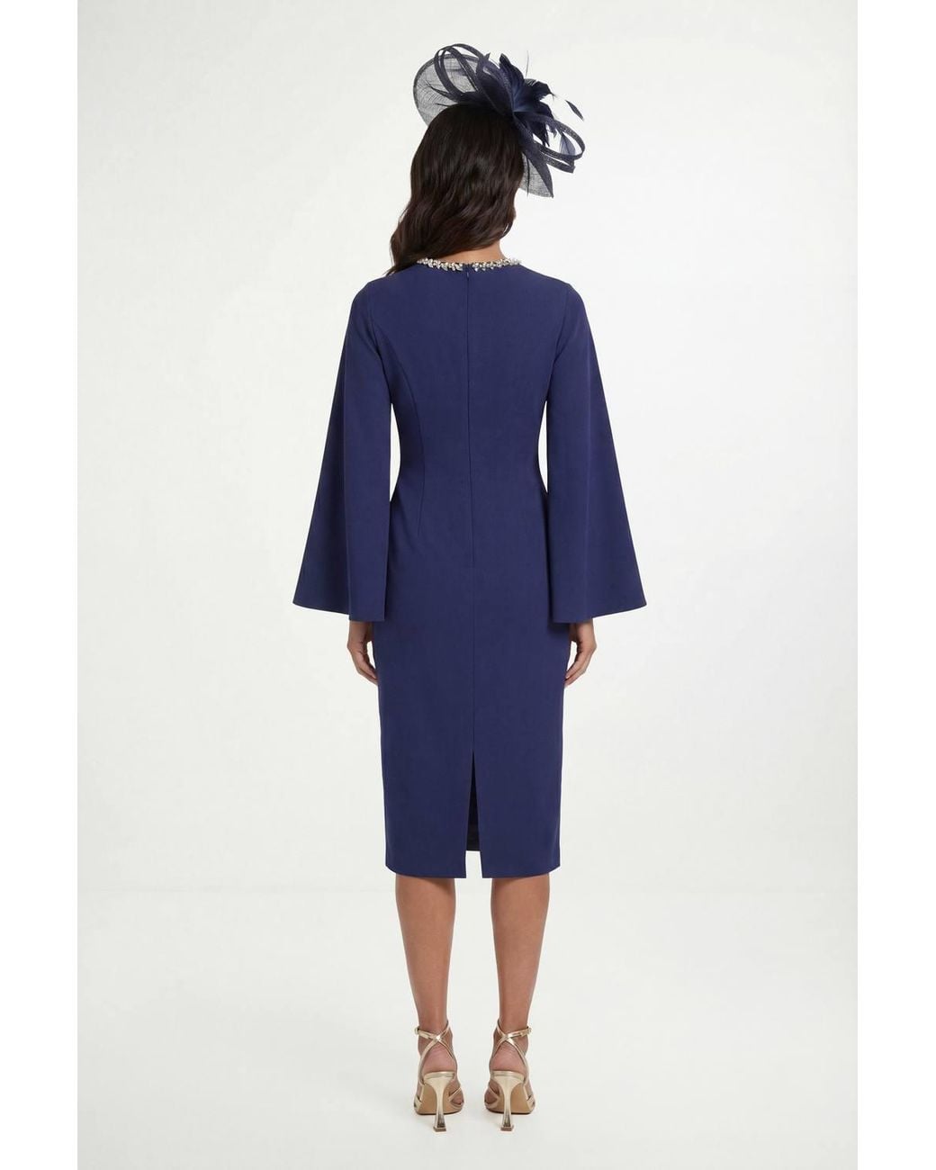 Wallis Blue Crepe Embellished Neck Cape Sleeve Dress