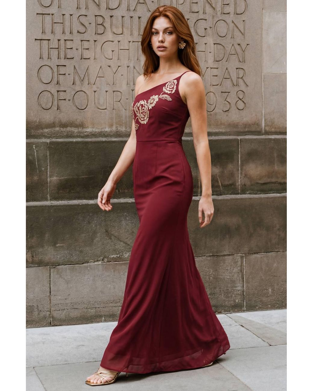 Maya Deluxe Red Embellished Strappy One Shoulder Maxi Dress