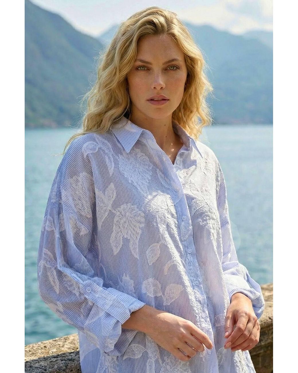 Roman Blue Floral Jacquard Buttoned Shirt