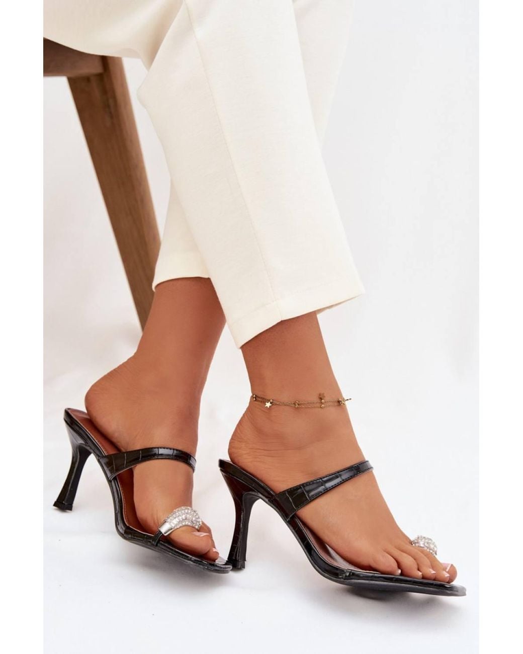 Love Lace Brown Stiletto Heeled Sandals With Jewel Toe Detail & Midfoot Strap