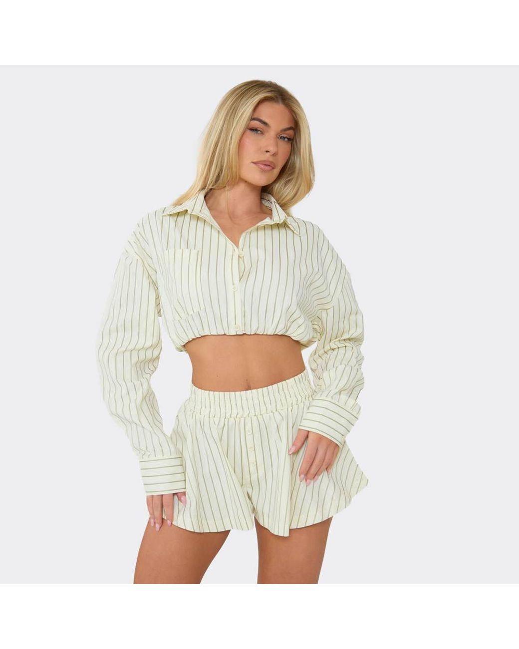 EGO White Button Up Pinstripe Cropped Skirt