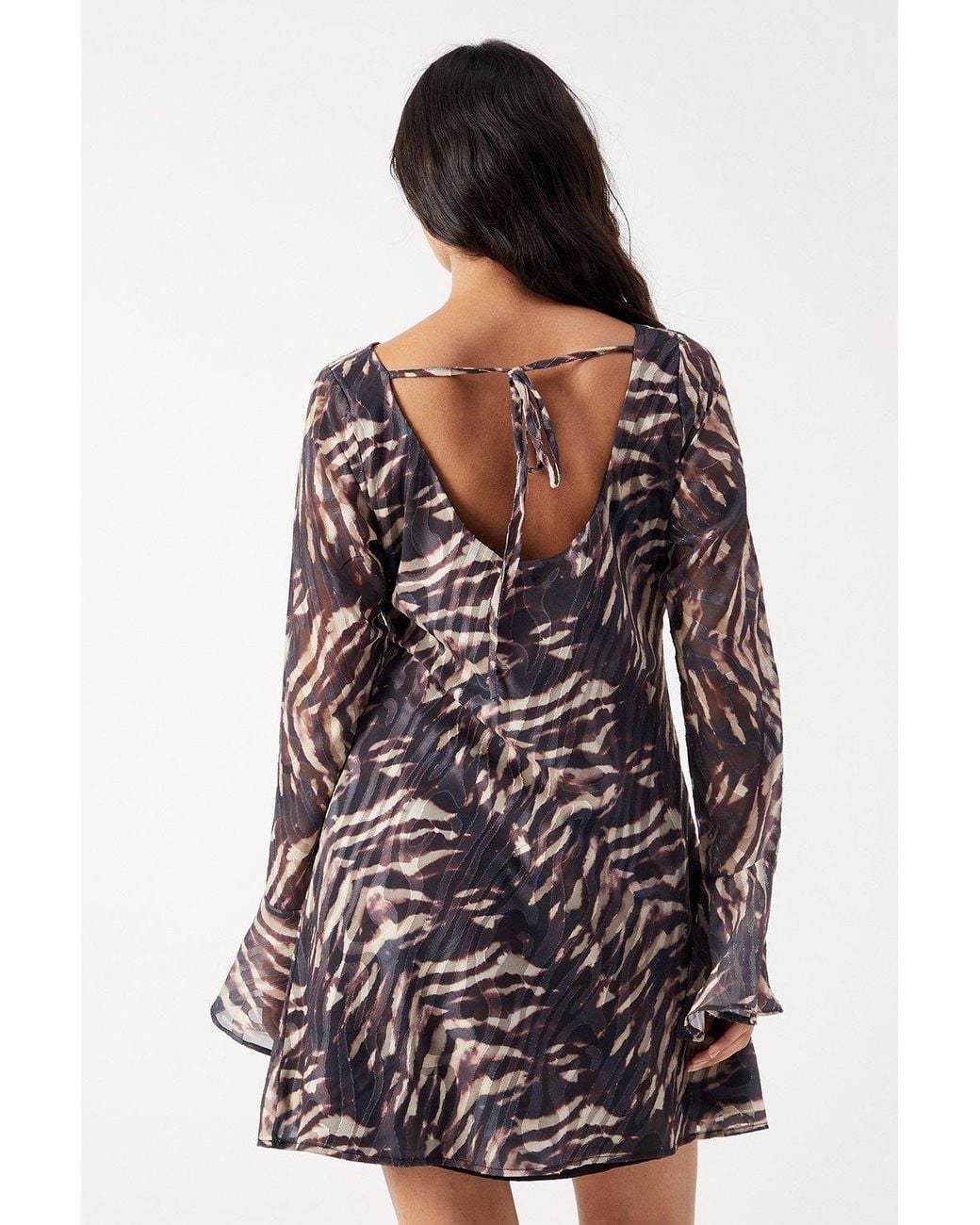 Warehouse Brown Zebra Burnout Chiffon Bias Tie Back Mini Dress