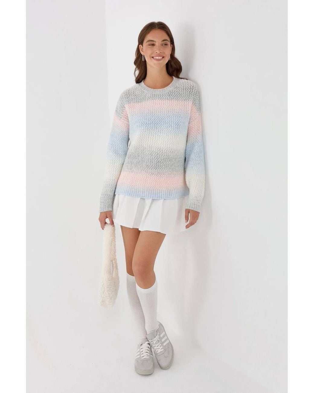 Hiccup White Striped Crew Neck Textured Knit Sweater