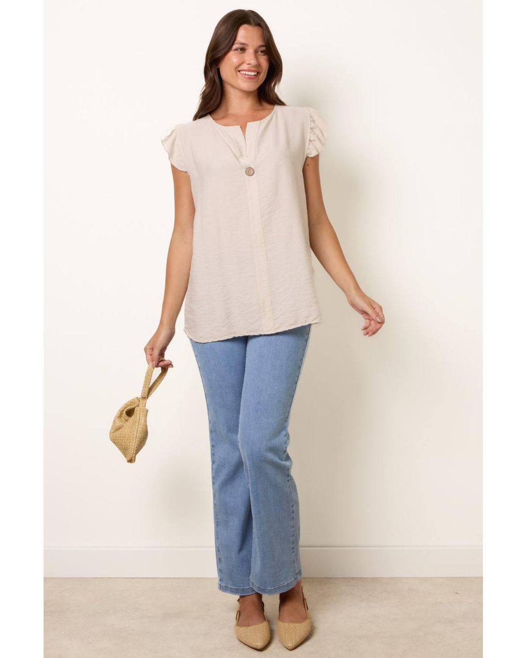 Blue Vanilla Natural Short Sleeve V-Neck Top
