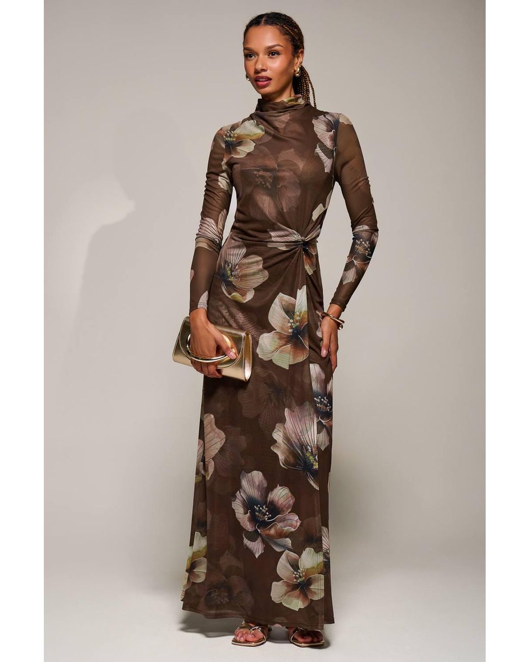 Jolie Moi Natural High Neck Long Sleeve Mesh Maxi Dress