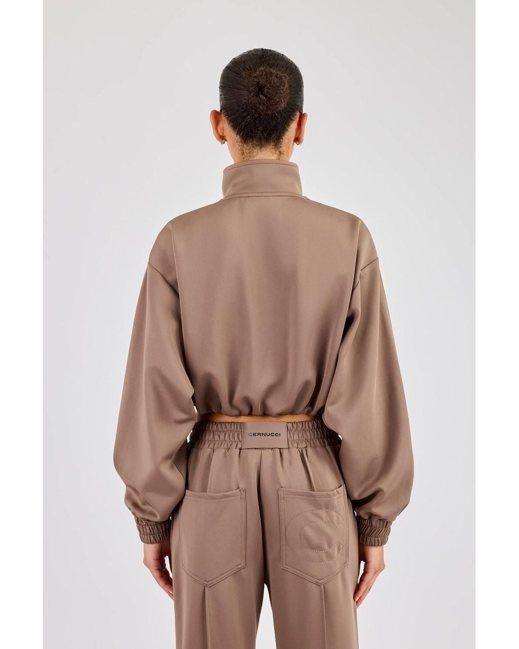 CERNUCCI Brown Taping Cropped Funnel Neck Jacket