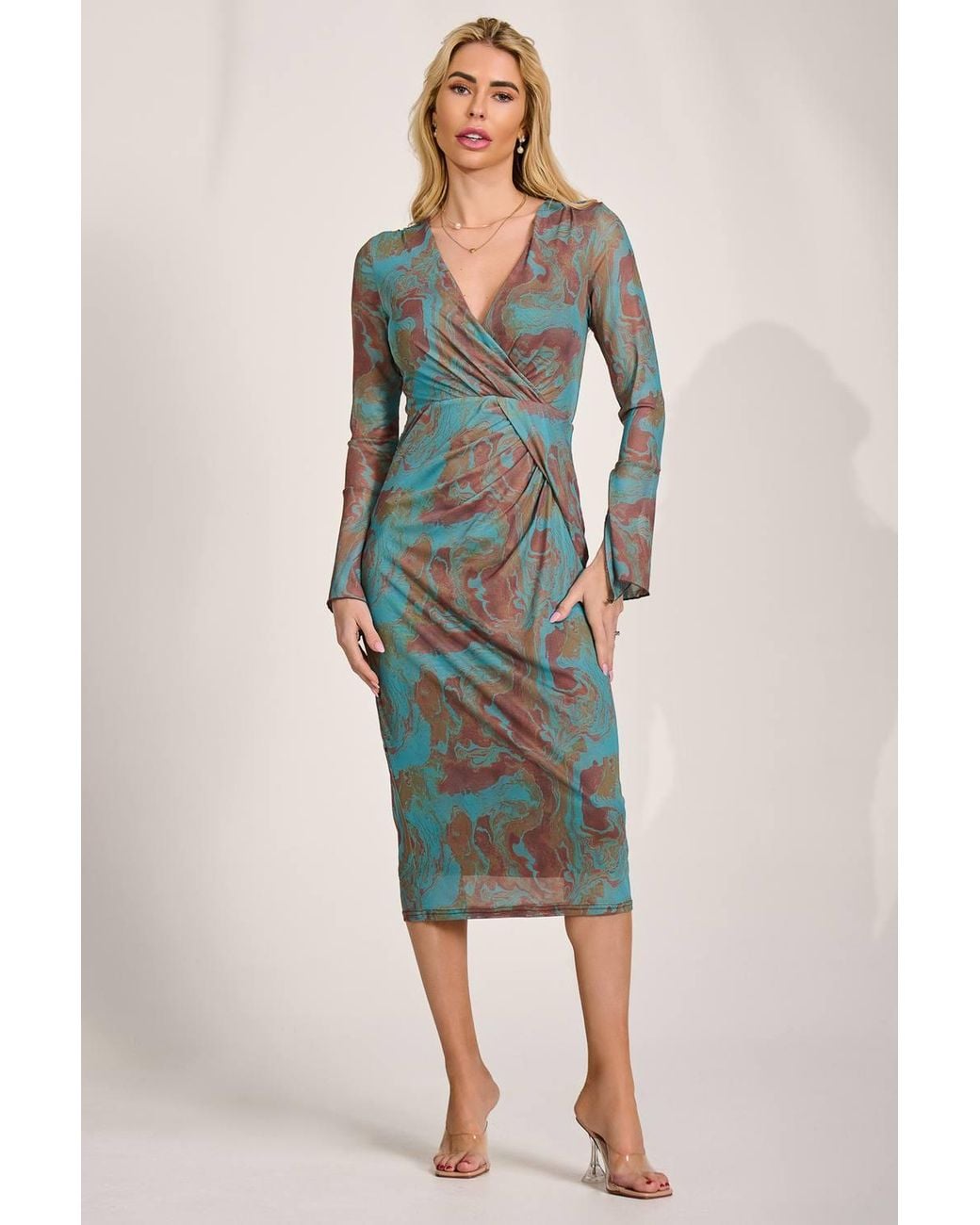 Jolie Moi Blue Long Sleeve Mesh Bodycon Dress