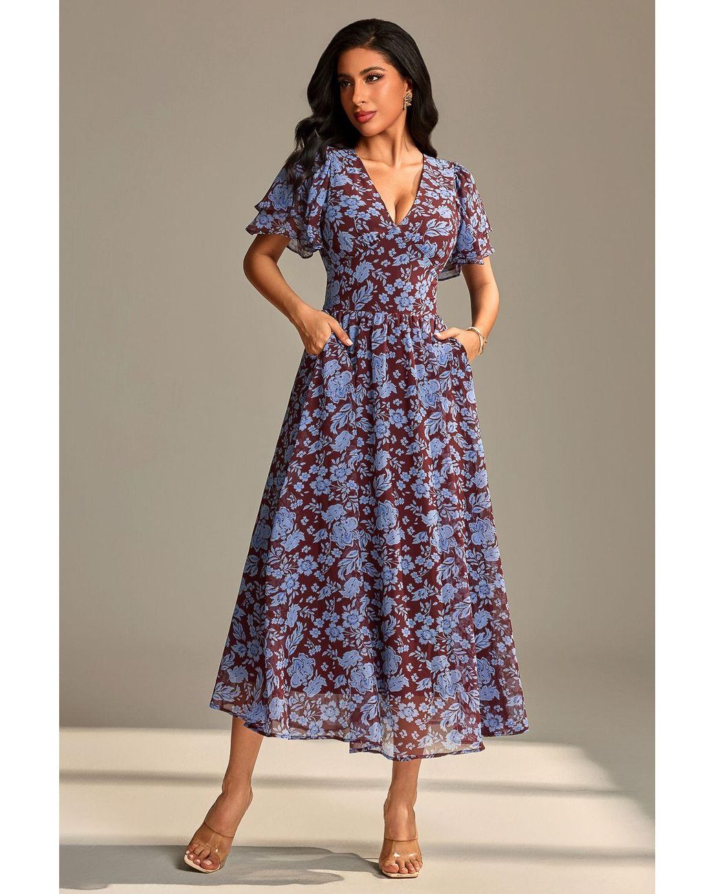 Jolie Moi Blue Layered Angel Sleeved Chiffon Maxi Dress