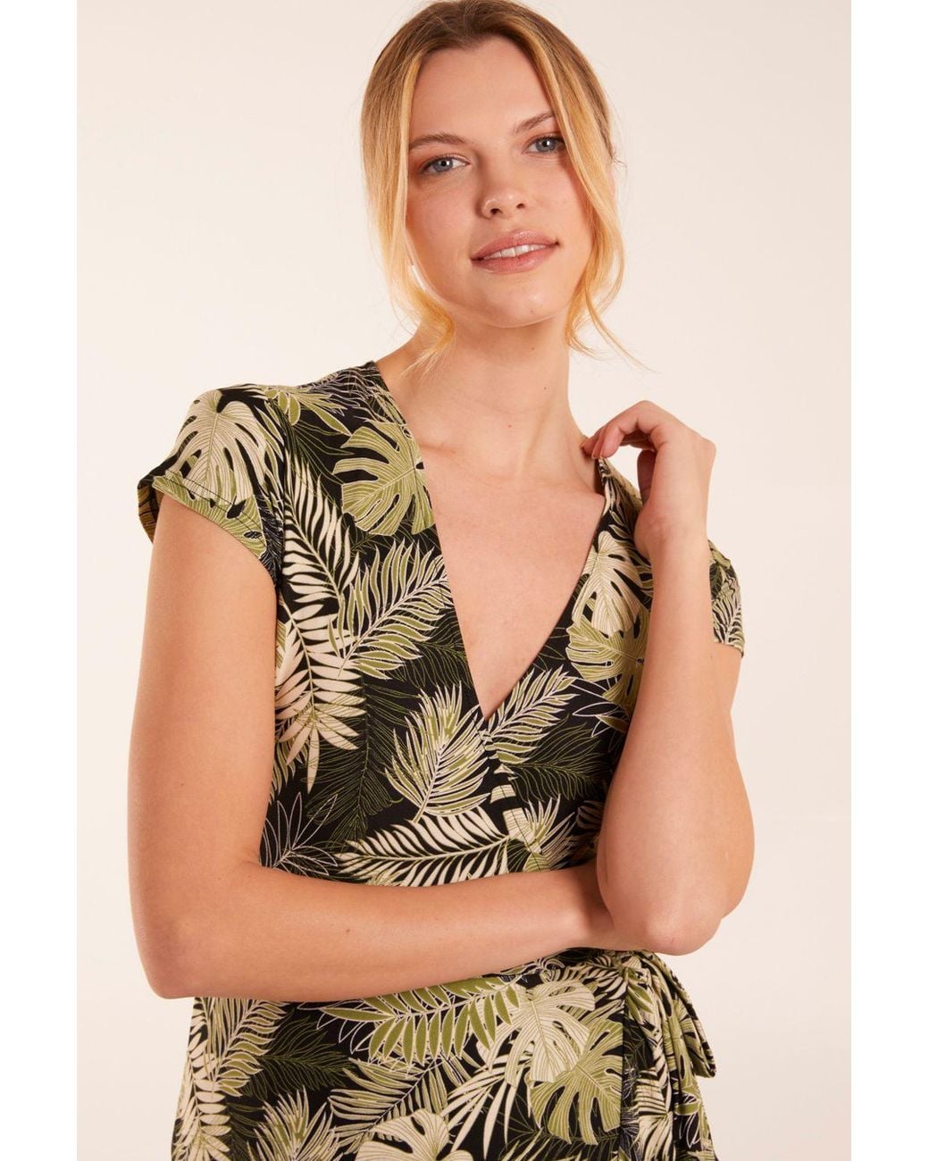 Blue Vanilla Black Tropical Print Wrap Front Midi Dress