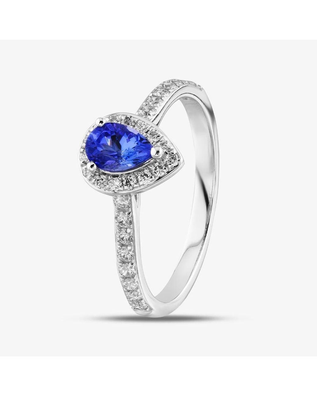 T.H.Baker White 18Ct Pear Cut Tanzanite & Diamond Shoulder Set Halo Ring R57198W-Tz