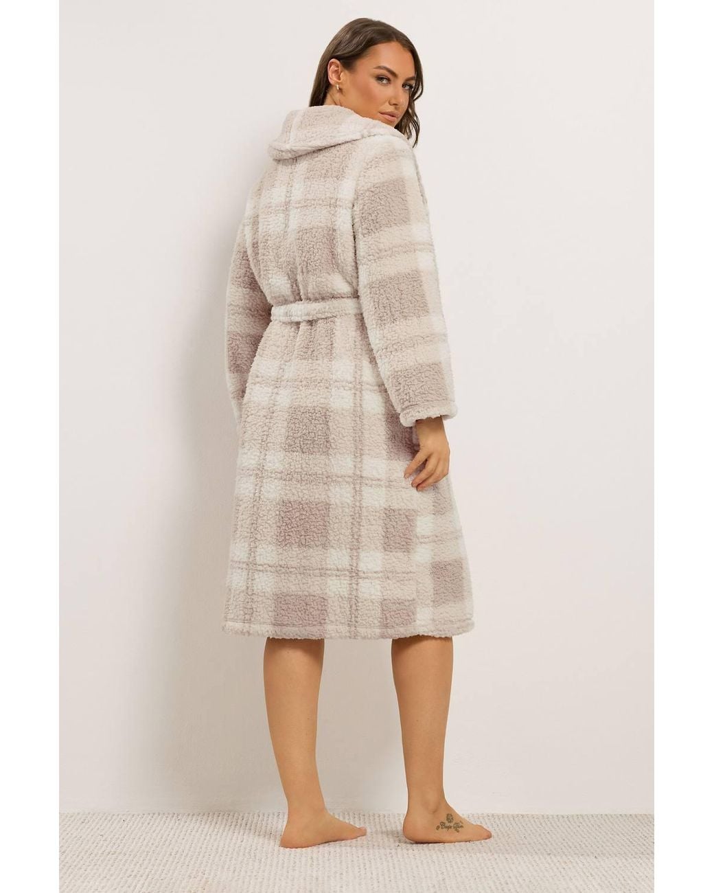 Yours Natural Check Fluffy Shawl Dressing Gown