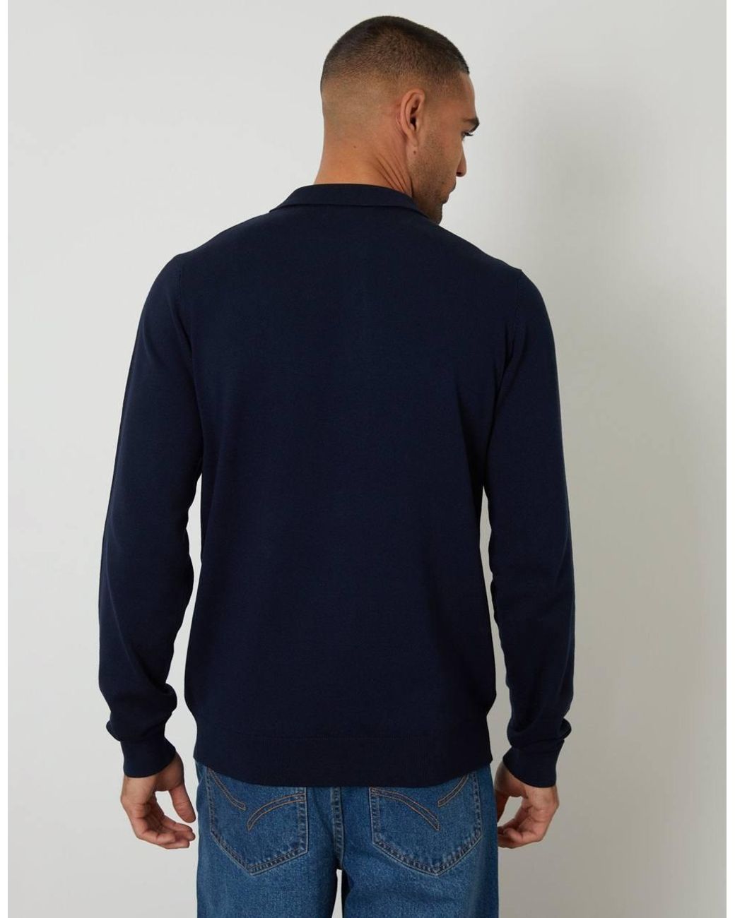 Threadbare Blue Knitted Long Sleeve Polo Jumper for men