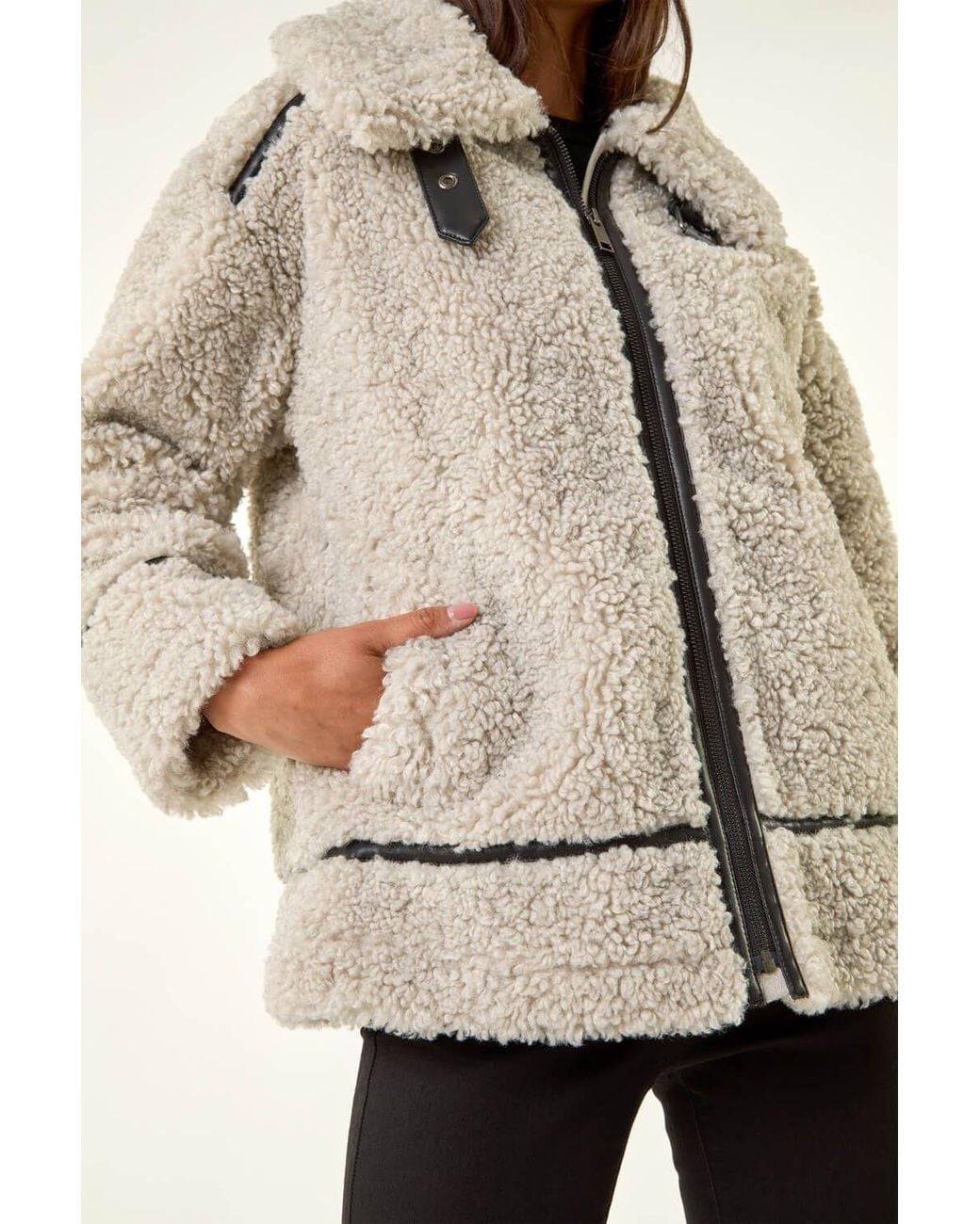 Roman Natural Petite Borg Contrast Aviator Coat