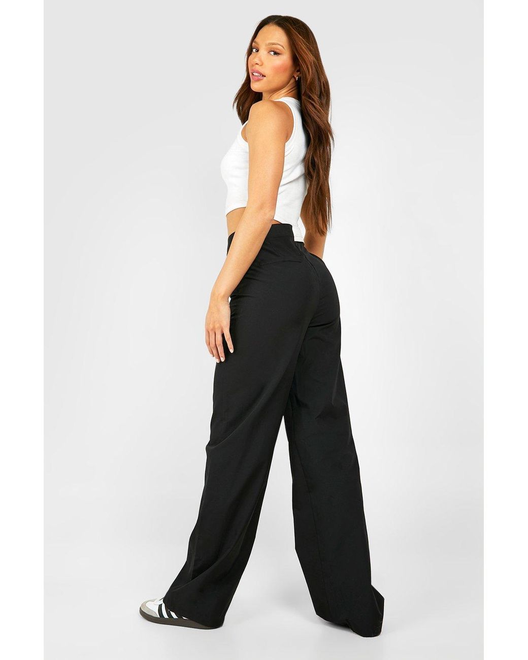 Boohoo Tall Woven Fold Over Waist Detail Trousers in Black