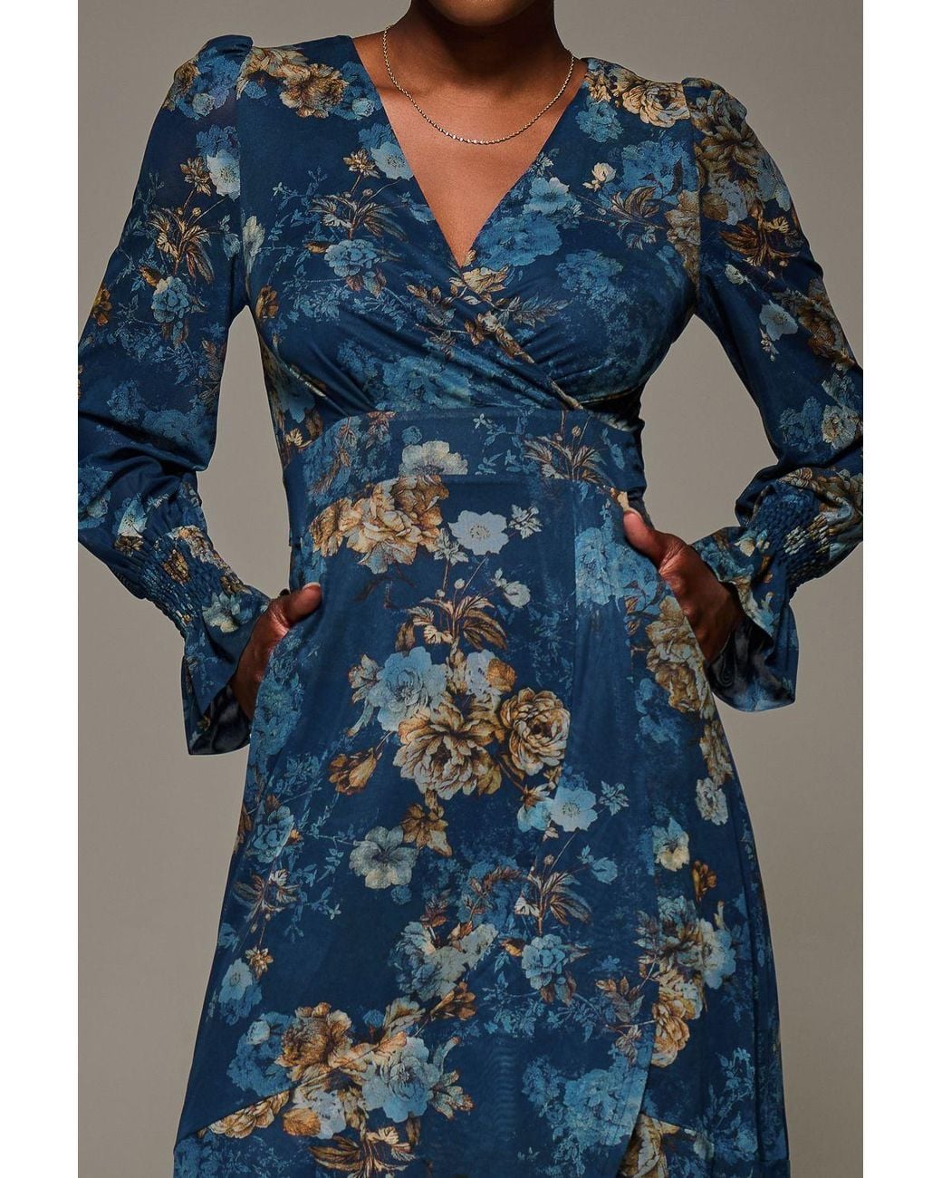 Jolie Moi Blue Long Sleeve Frill Hem Mesh Maxi Dress