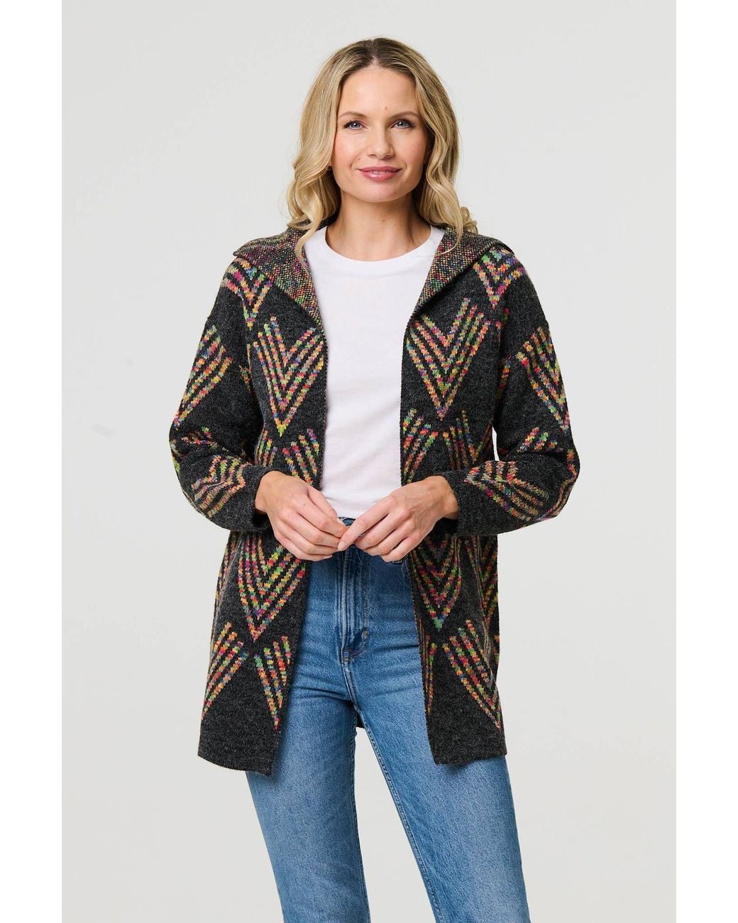 Izabel London Blue Abstract Print Longline Knitted Jacket