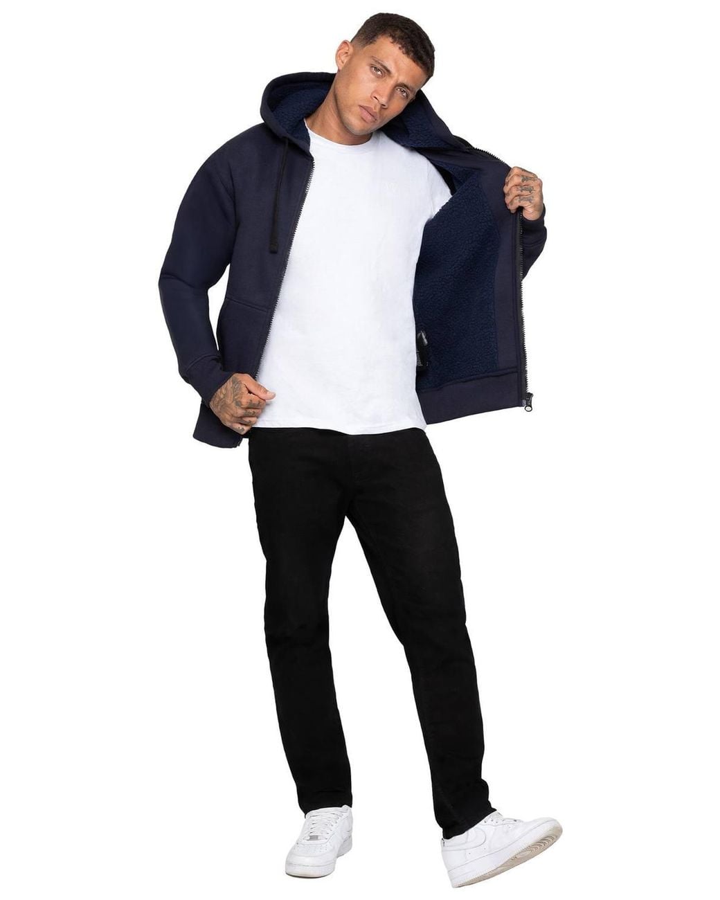 Enzo Blue Regular Fit Sherpa Lined Hoodie for men