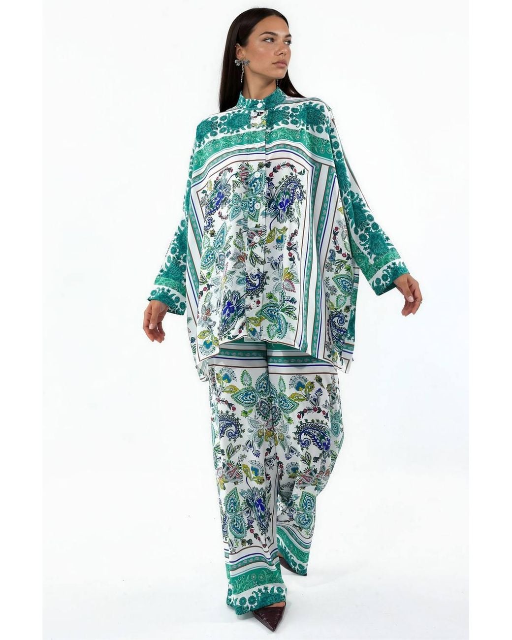 Msn-Collection Blue Patterned Shirt & Wide-Leg Trousers Set