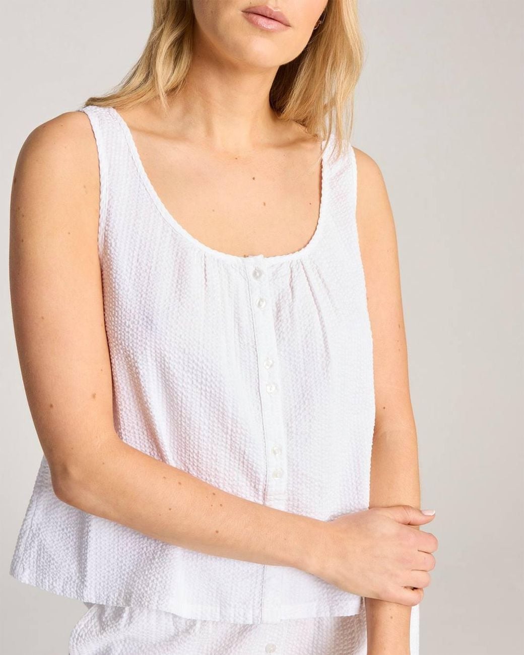 Nudea White Cotton Seer Sucker Button Cami