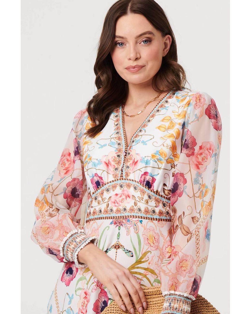 Izabel London Natural Floral Border Print V-Neck Maxi Dress