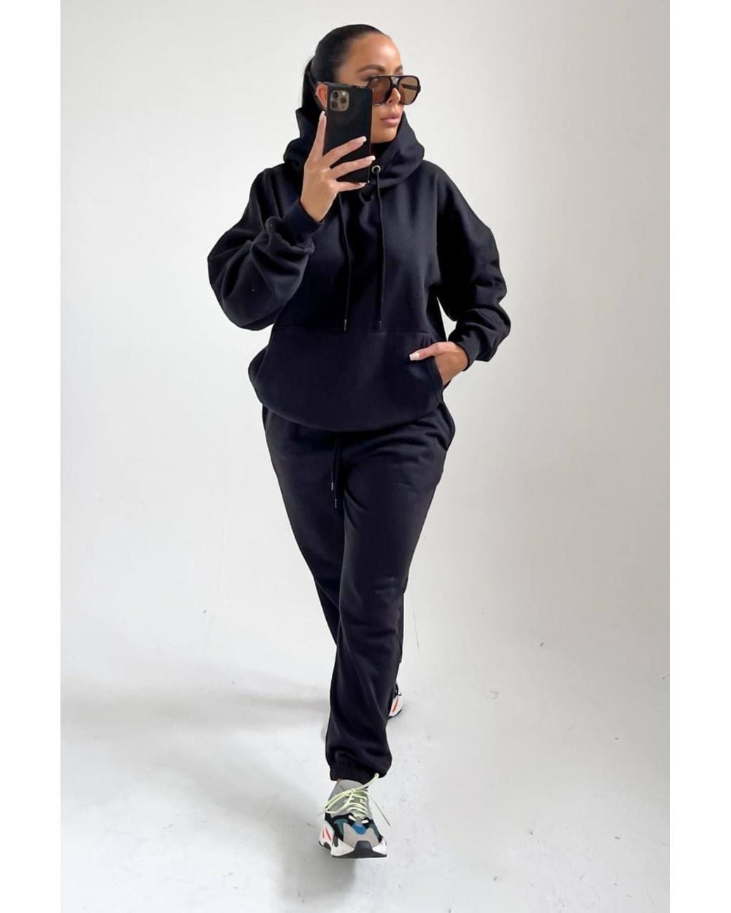Femme Luxe Black Oversized Front Pocket Pullover Hoodie Cuffed Joggers Loungewear Set