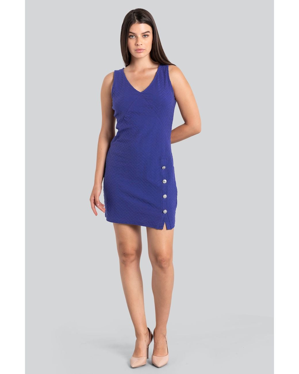 Enorsia Blue Sleeveless Button Detail Mini Dress