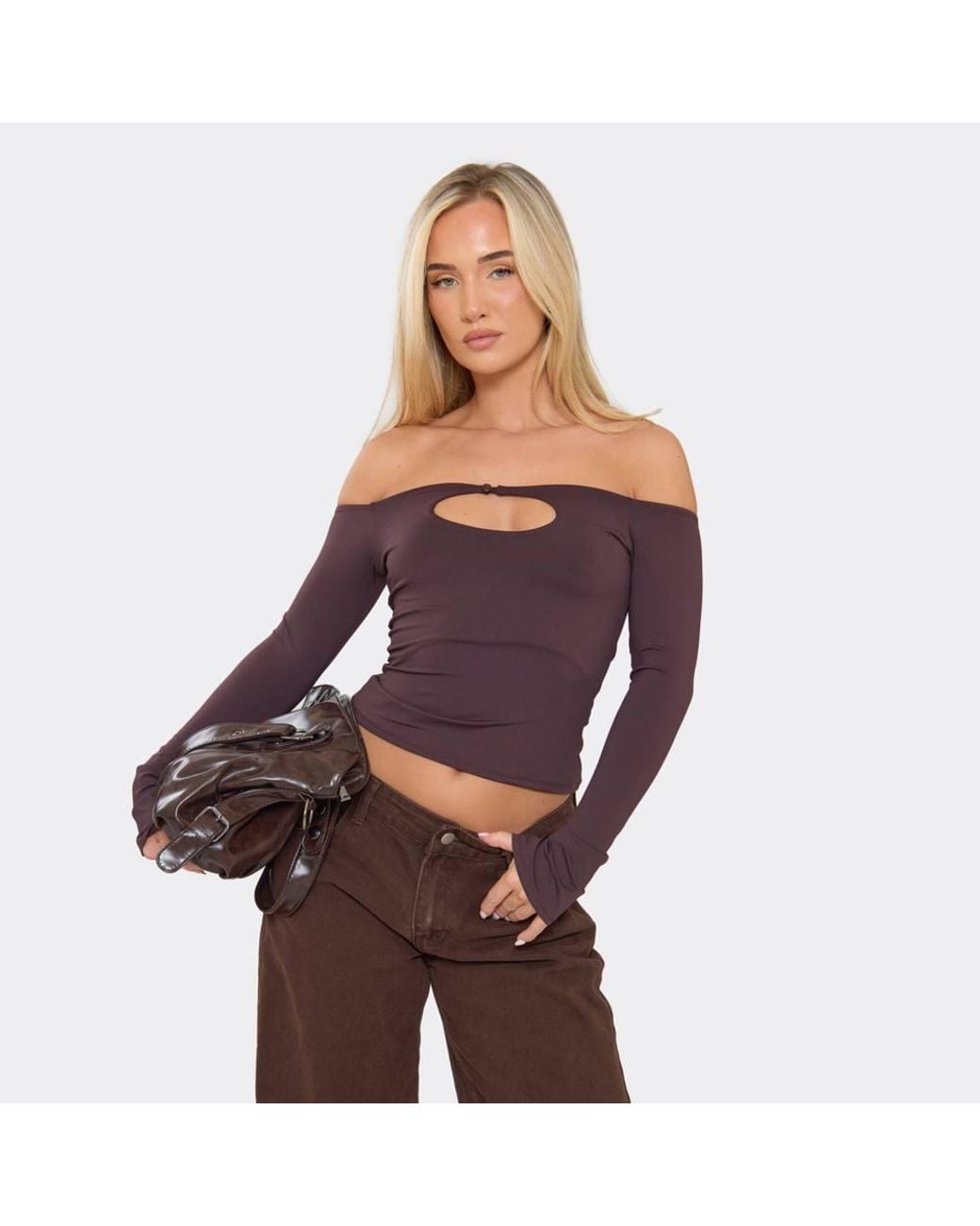EGO Brown Long Sleeve Button Off-The Shoulder Cut Out Top