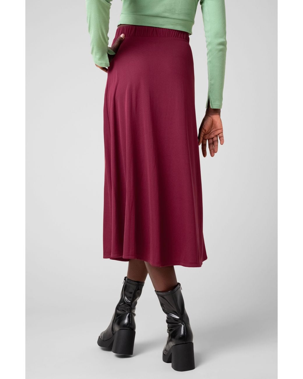 Enorsia Red Lace Inserted Jersey Midi Skirt