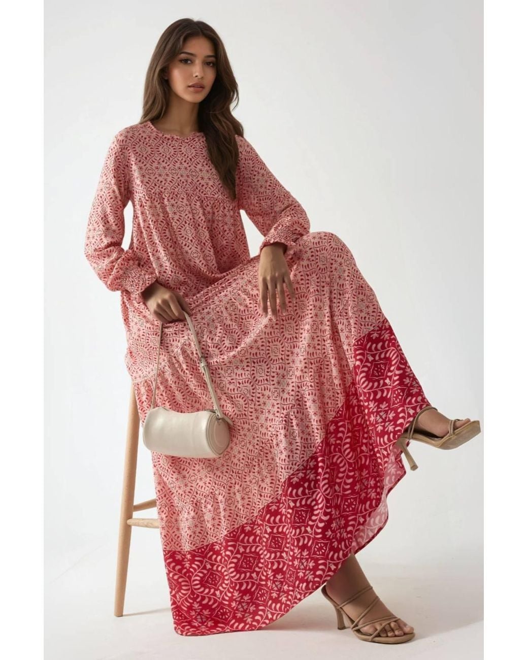 Hiccup Red Printed Viscose Maxi Dress With Crew Neck