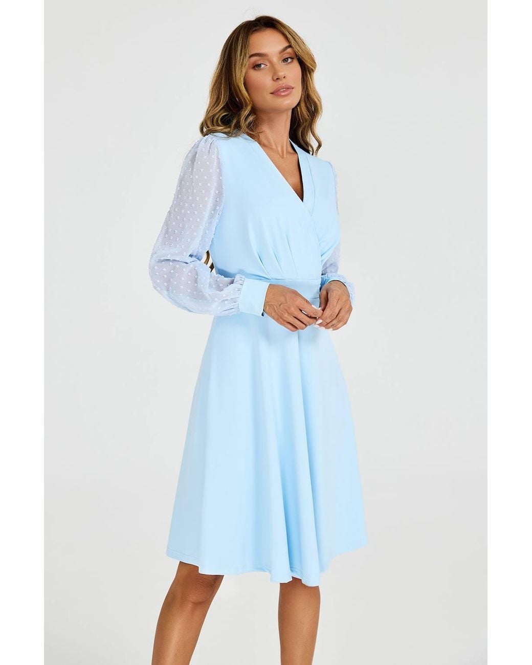 FS Collection Blue V Neck Midi Dress With Sheer Long Sleeve