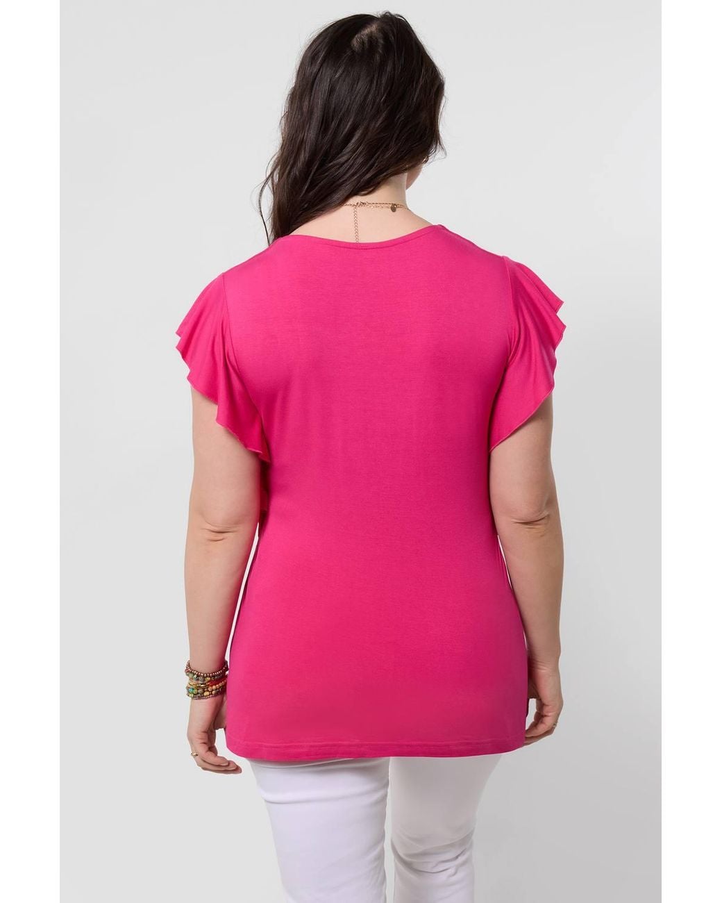 Joe Browns Pink Embroidered Jersey Top With Tie Detail & Frill Sleeves