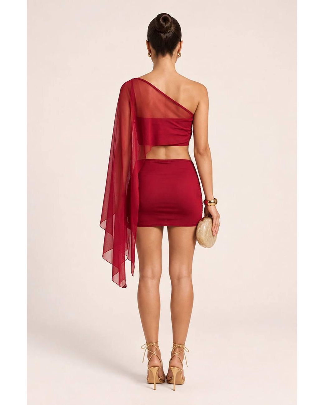 Rebellious Fashion Red Nelda Mesh One Shoulder Top & Mini Skirt Co-Ord Set