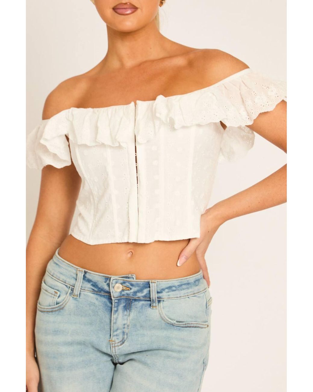 Rebellious Fashion White Bardot Frill Broderie Corset Top