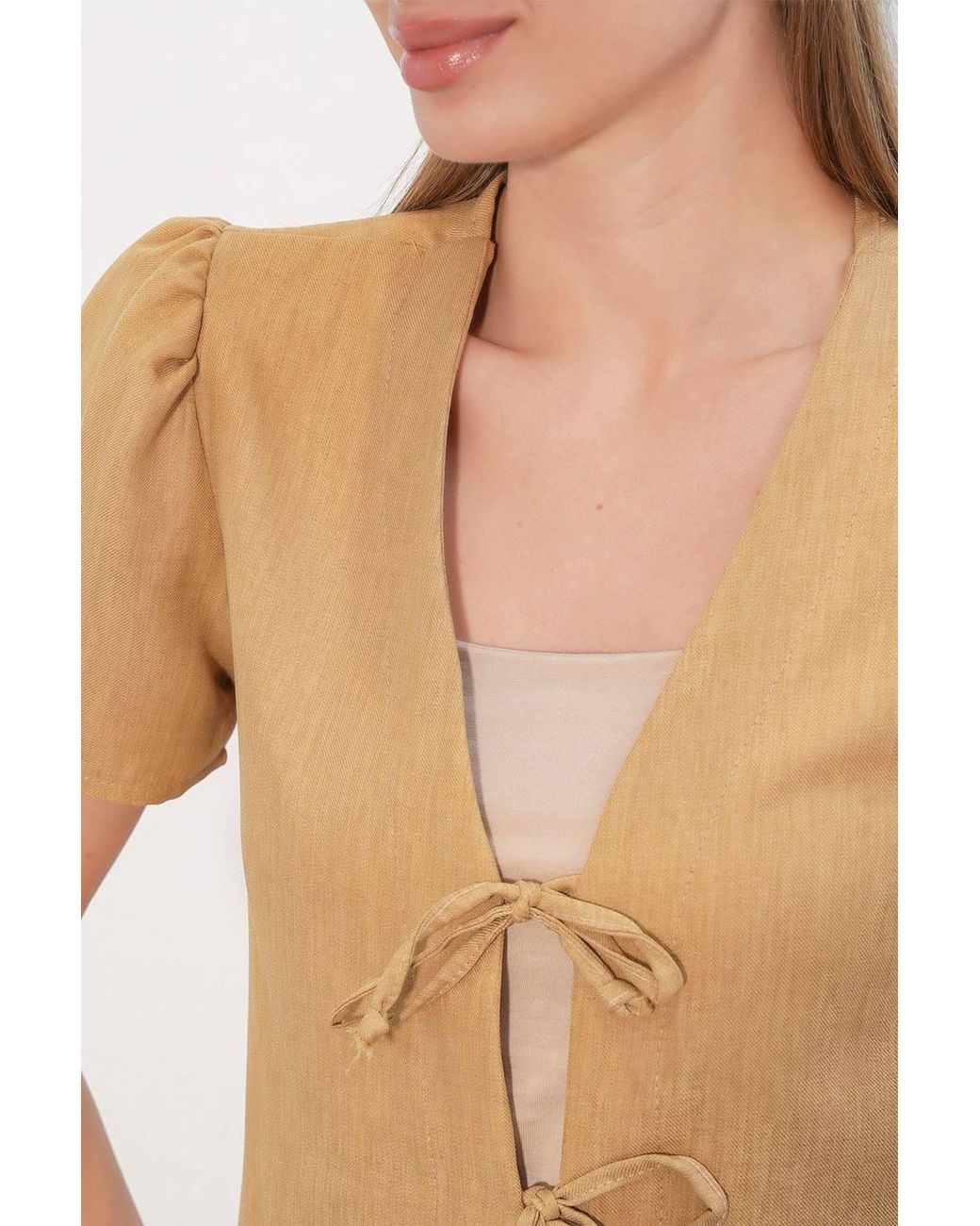 Bigdart Natural Textured V-Neck Linen Blend Crop Top
