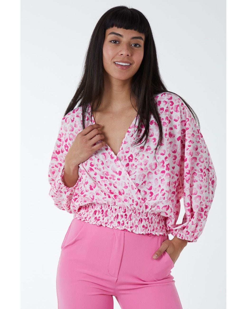 Blue Vanilla Pink Elasticated Sleeve Wrap Front Elastic Hem Top